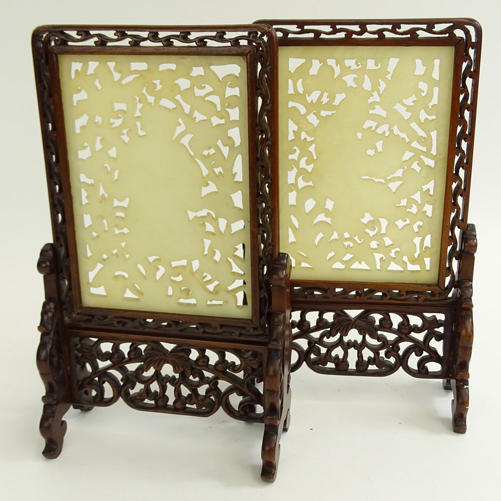 Pair of Vintage Chinese Carved Reticulated White Jade Table Screens in Hardwood Frames.