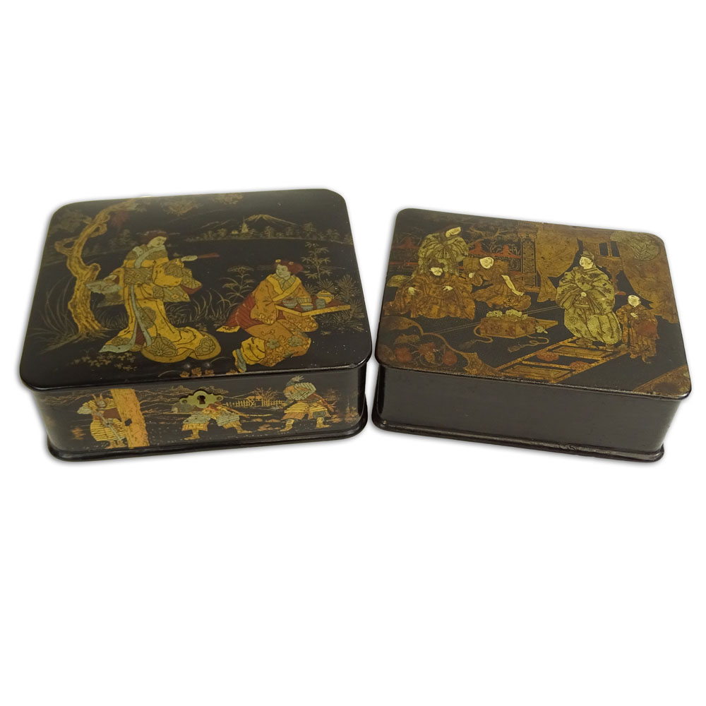 Two (2) Antique Japanese Lacquered Boxes. Nicely painted figural motif.