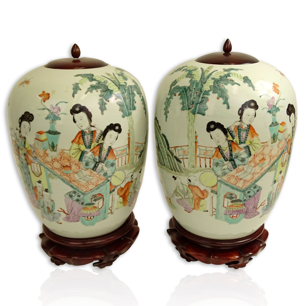 Two Vintage Chinese Hand Painted Ginger Jars with Rosewood Lids and Stands.