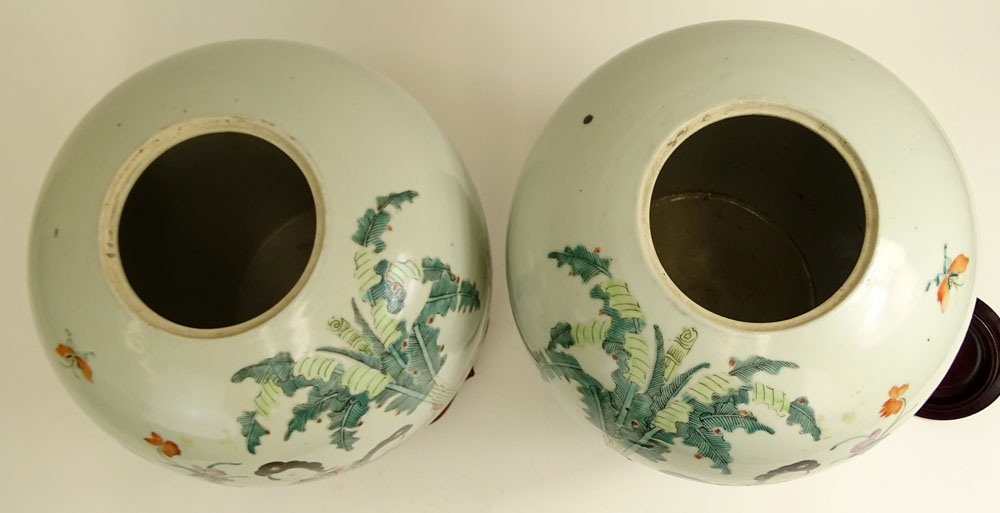 Two Vintage Chinese Hand Painted Ginger Jars with Rosewood Lids and Stands.