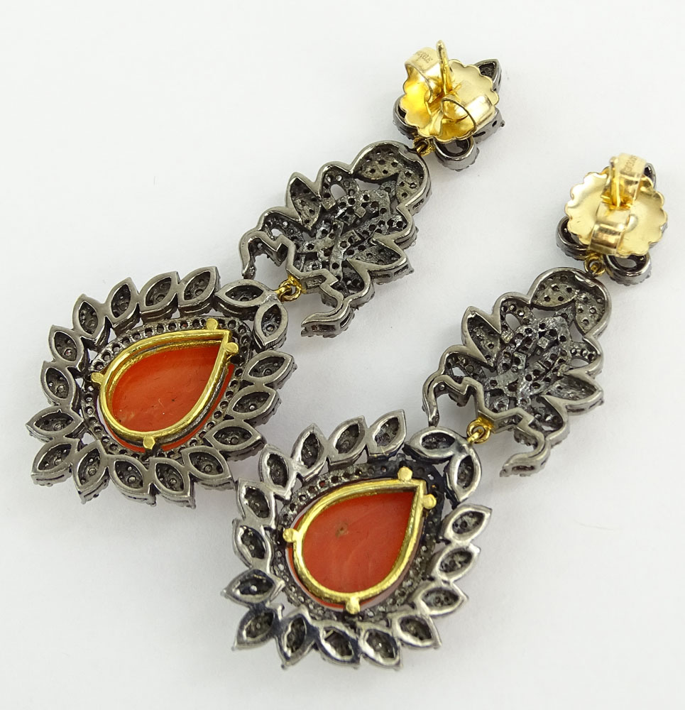 AIG Certified 7.44 Carat Red Coral, 4.19 Carat Single Cut Diamond and 14 Karat Yellow Gold Chandelier Earrings