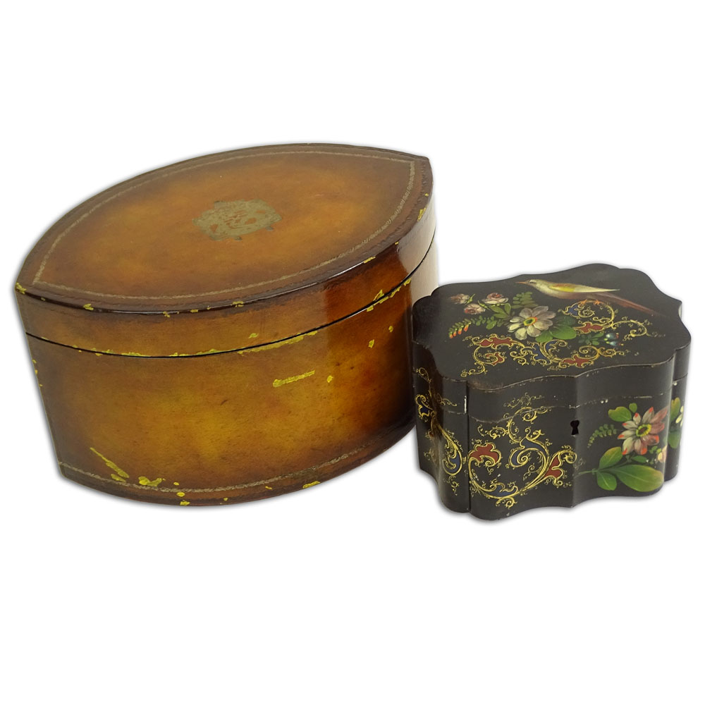 Vintage Toleware Tea Caddy and a Leather Covered Lacquered Box.