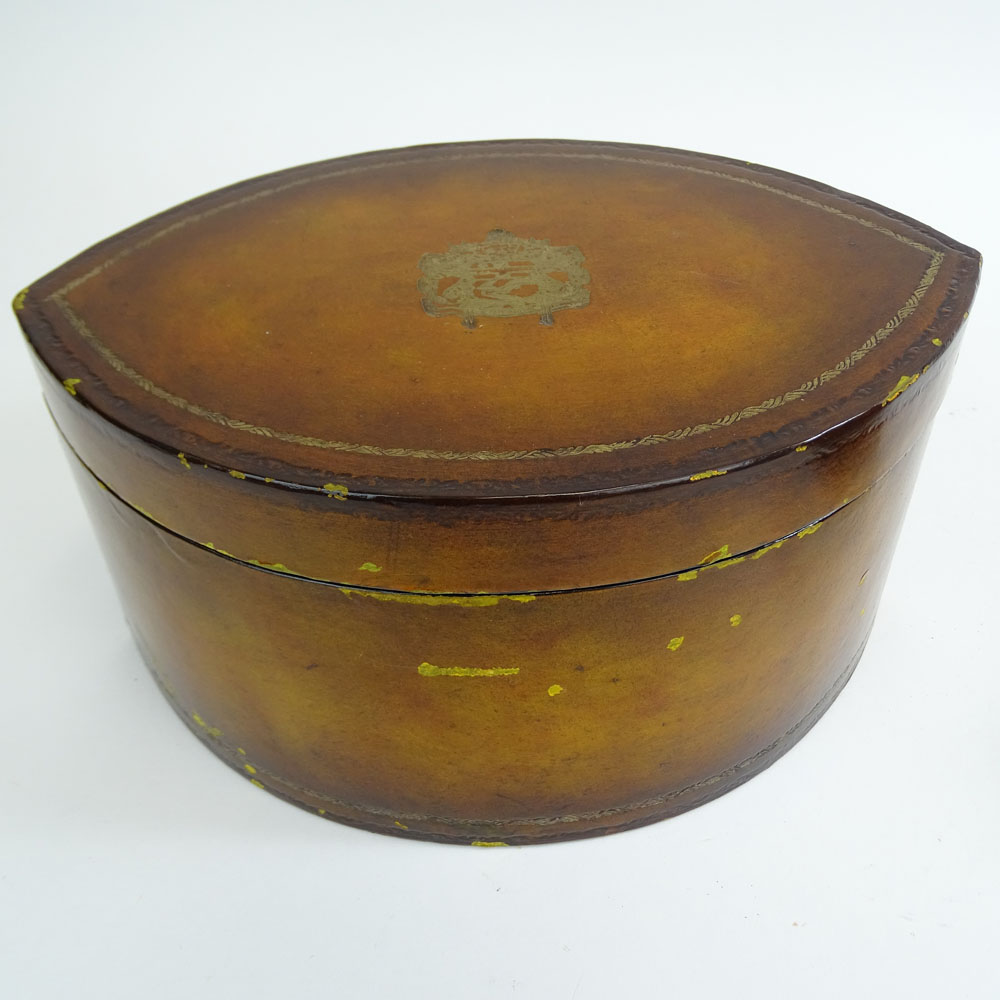 Vintage Toleware Tea Caddy and a Leather Covered Lacquered Box.