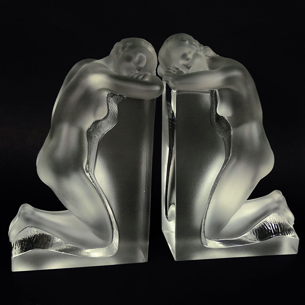 Pair Lalique "Reverie" Crystal Bookends.