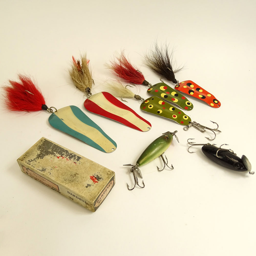 Lot of Nine (9) Vintage Fishing Lures. Includes, jitterbugs, spoon spinners. 