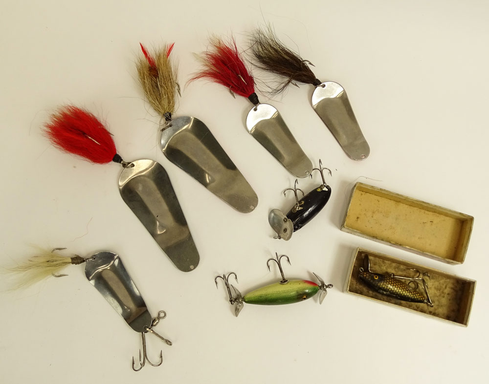 Lot of Nine (9) Vintage Fishing Lures. Includes, jitterbugs, spoon spinners. 