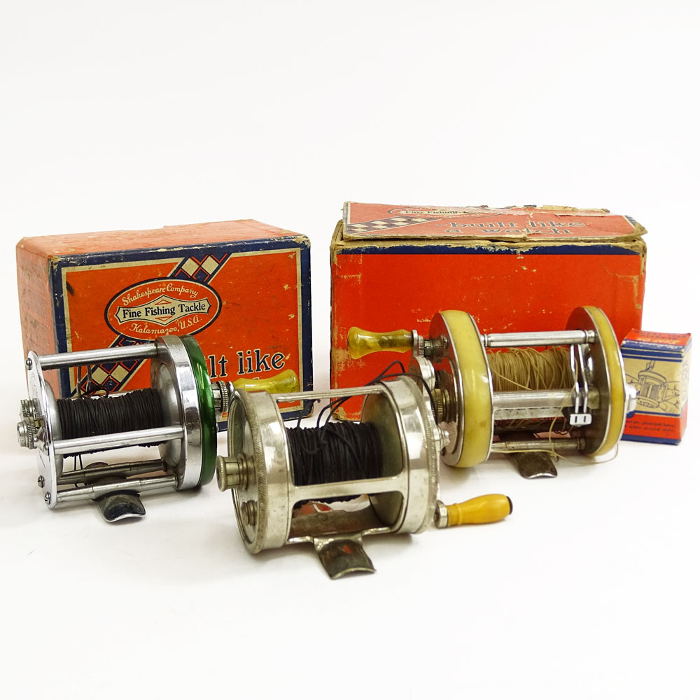 Lot of Three (3) Vintage Fishing Reels. Includes a Shakespeare President with original box, a Shakespeare Marhoff with original box, 