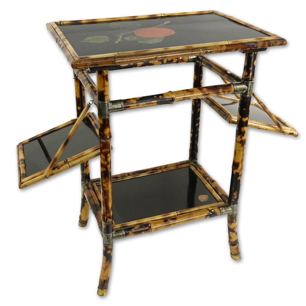 Vintage Lacquered Bamboo Small Table With 2 Fold Up Shelves. Decorated with Fruit Motif.