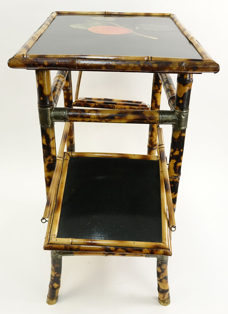 Vintage Lacquered Bamboo Small Table With 2 Fold Up Shelves. Decorated with Fruit Motif.