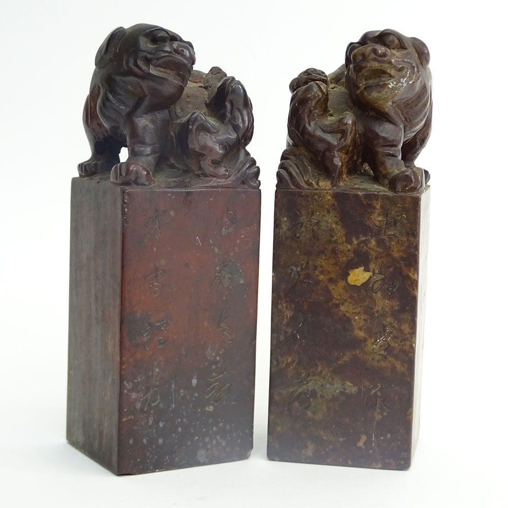 Pair of Antique Chinese Hardstone Figural Seal Chops.