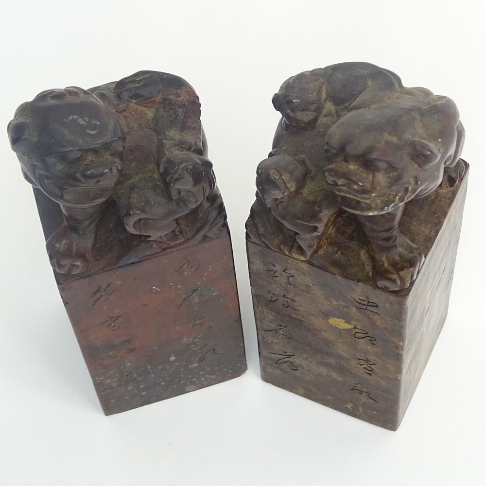 Pair of Antique Chinese Hardstone Figural Seal Chops.