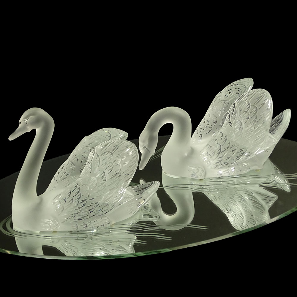 Pair Lalique Crystal Swans On Etched Plateau.