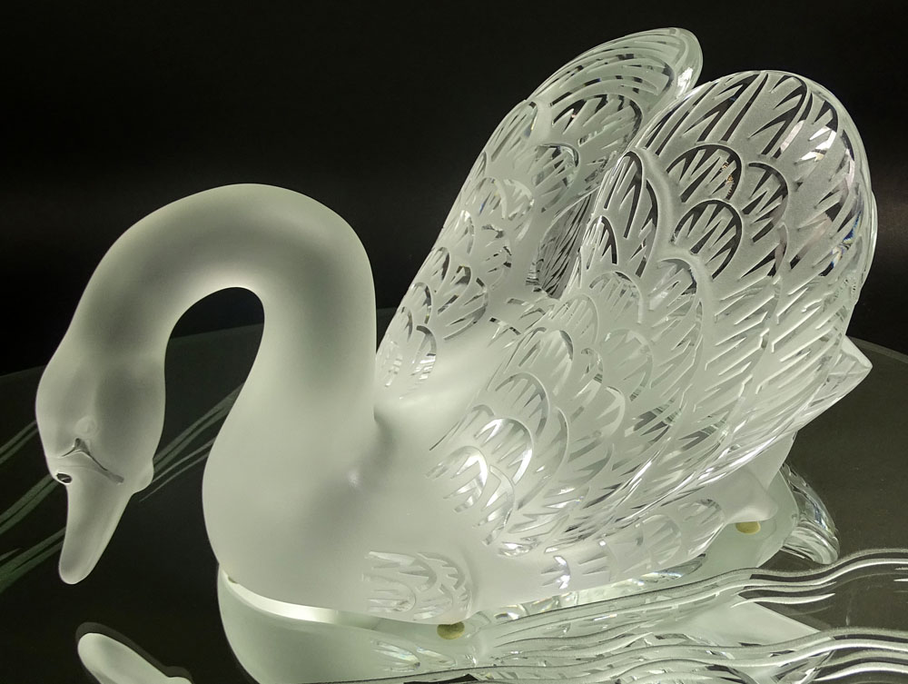 Pair Lalique Crystal Swans On Etched Plateau.