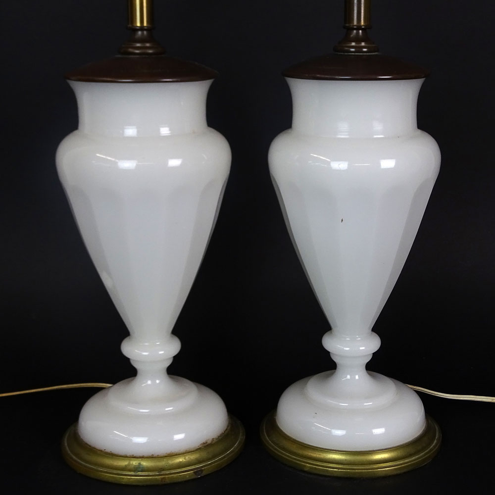 Pair of Vintage French White Opaline Lamps