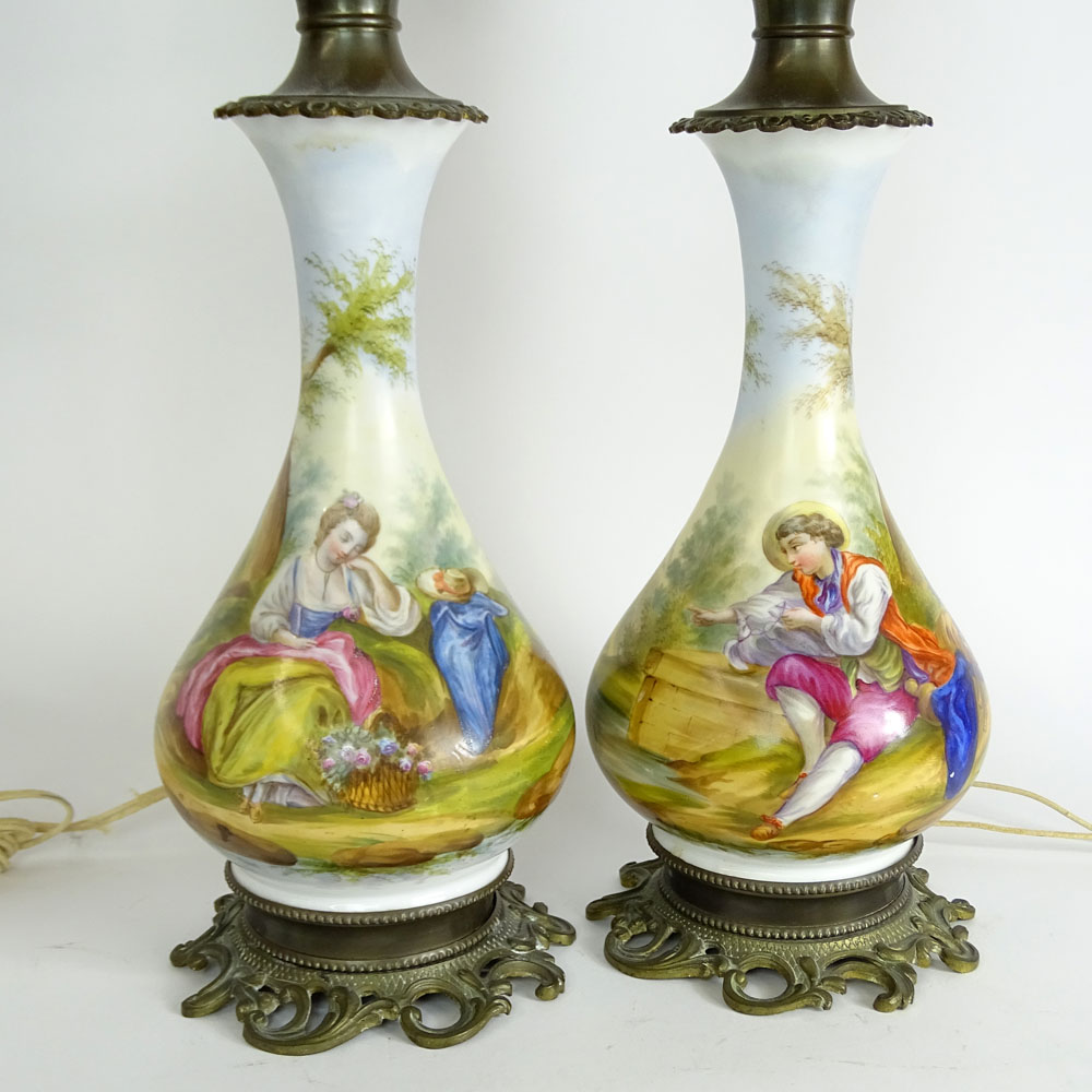 Pair of Vintage French Hand Painted Porcelain and Bronze Lamps.