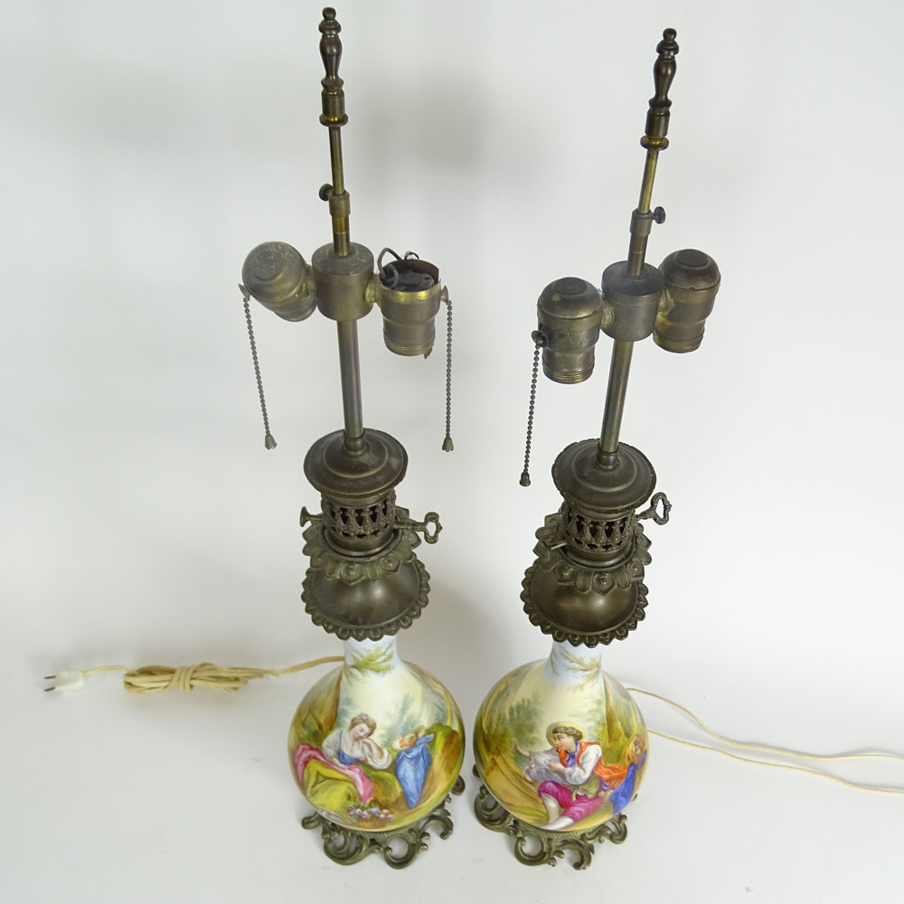 Pair of Vintage French Hand Painted Porcelain and Bronze Lamps.