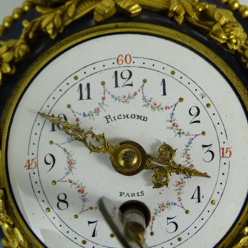 Small Antique French Bronze Mounted Enameled and Jeweled Hanging Clock.