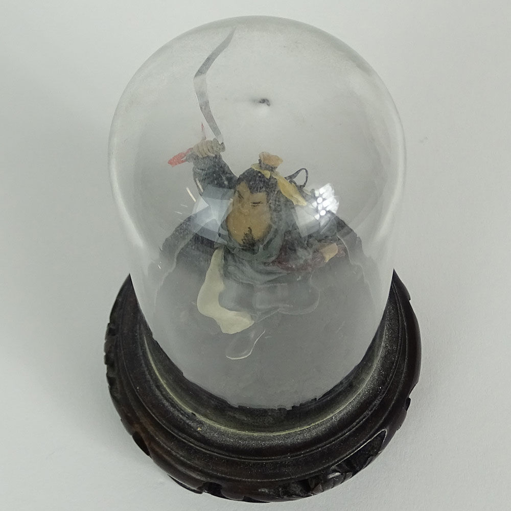 Vintage Miniature Hand Painted Chinese Warrior Figure Under Glass.