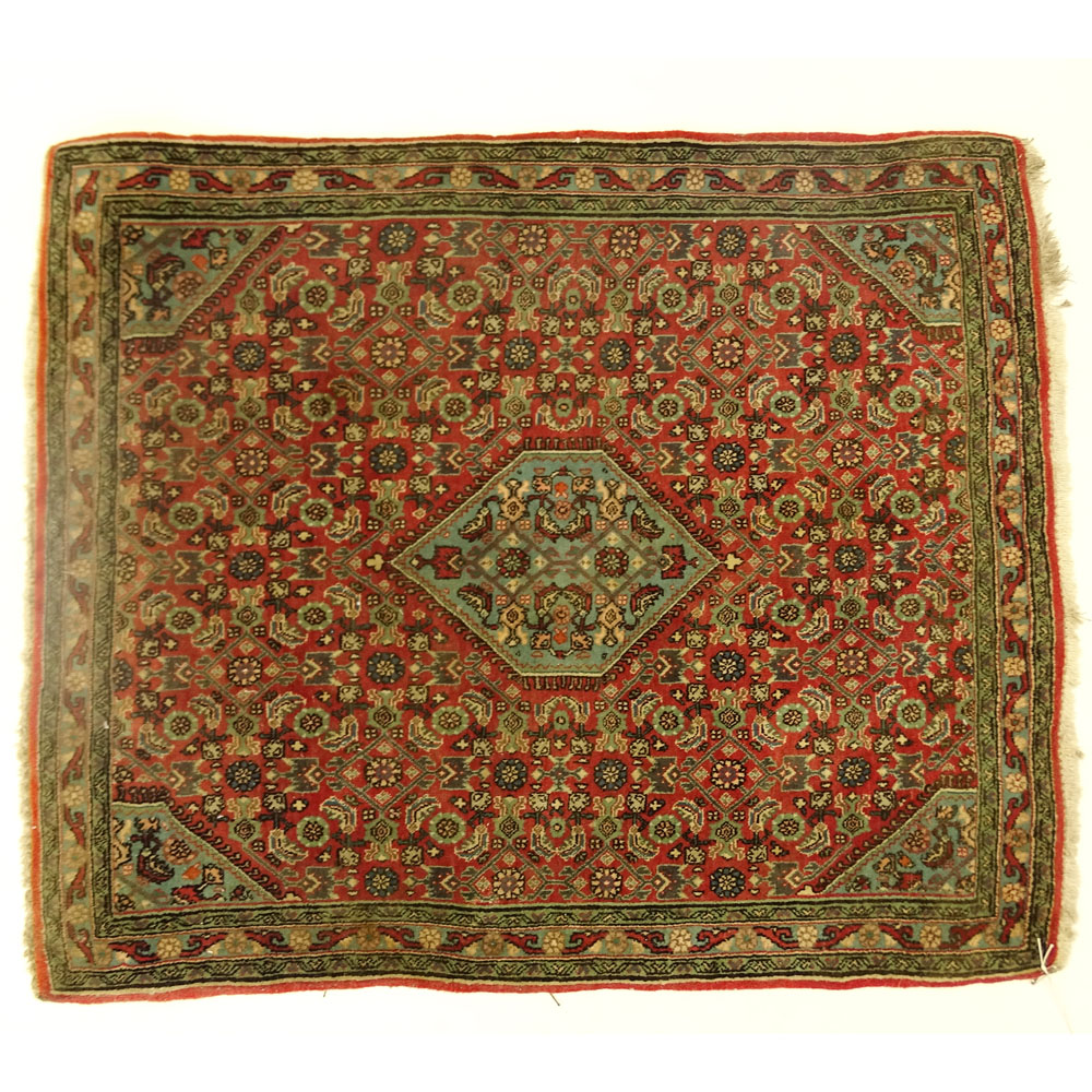 Small Semi Antique Persian Bijar Carpet with Turquoise Diamond Medallion.