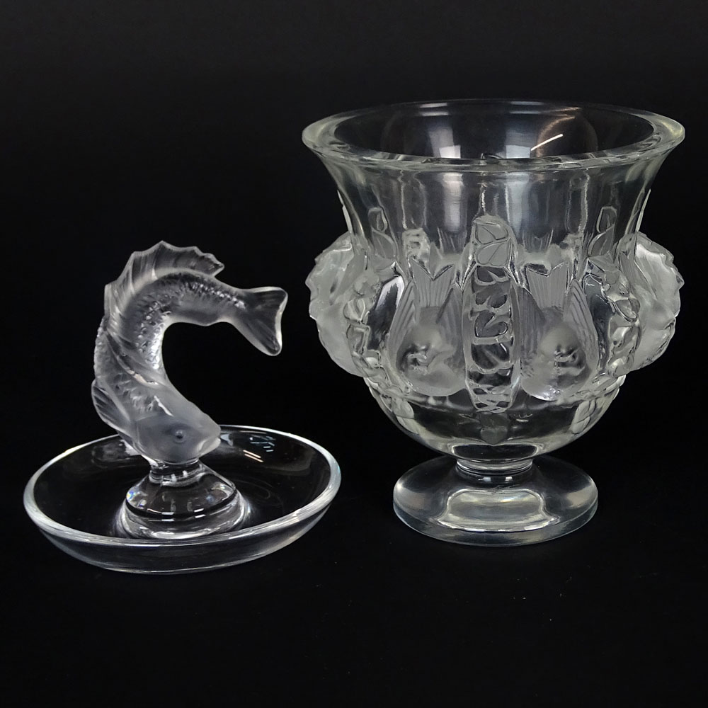 Two Pieces Lalique Art Glass. Includes "Goujon" ring tray, "Dampierre" Vase 5". 