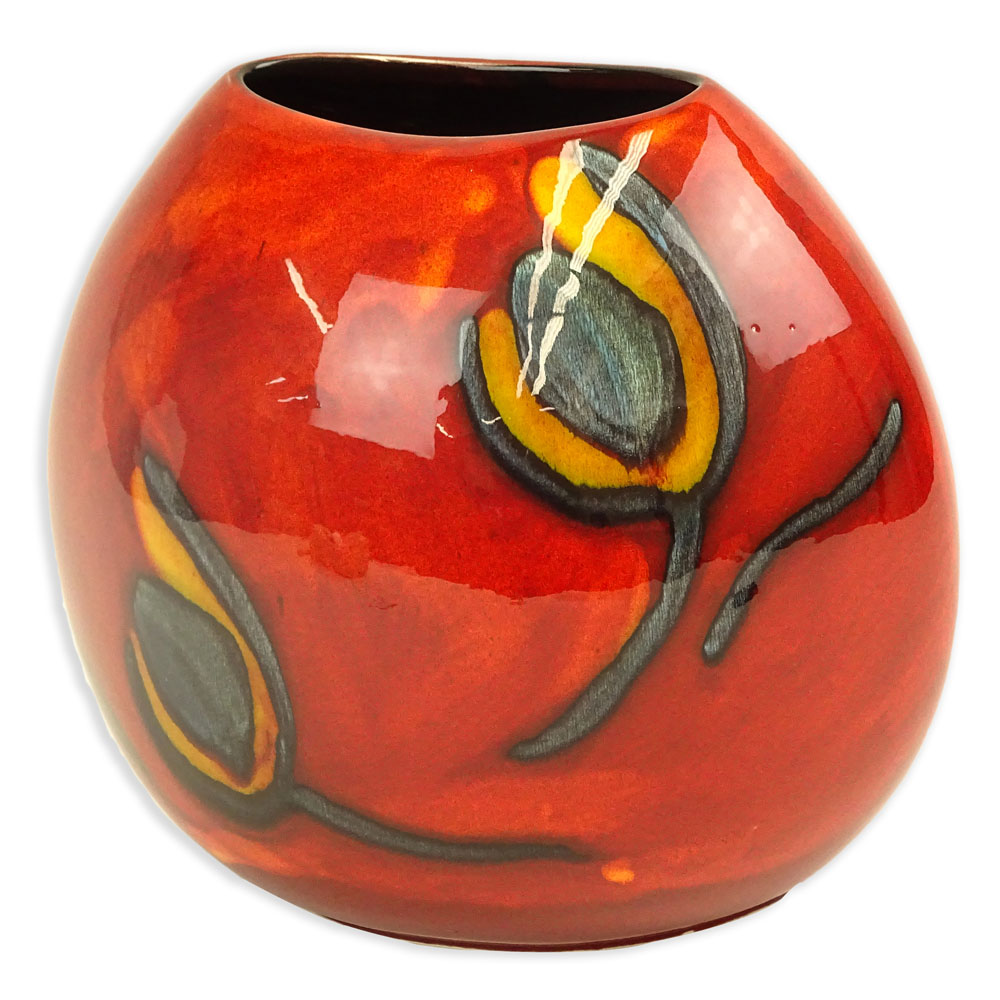 Mid Century Poole Pottery Vase. Floral motif on red-orange ground.