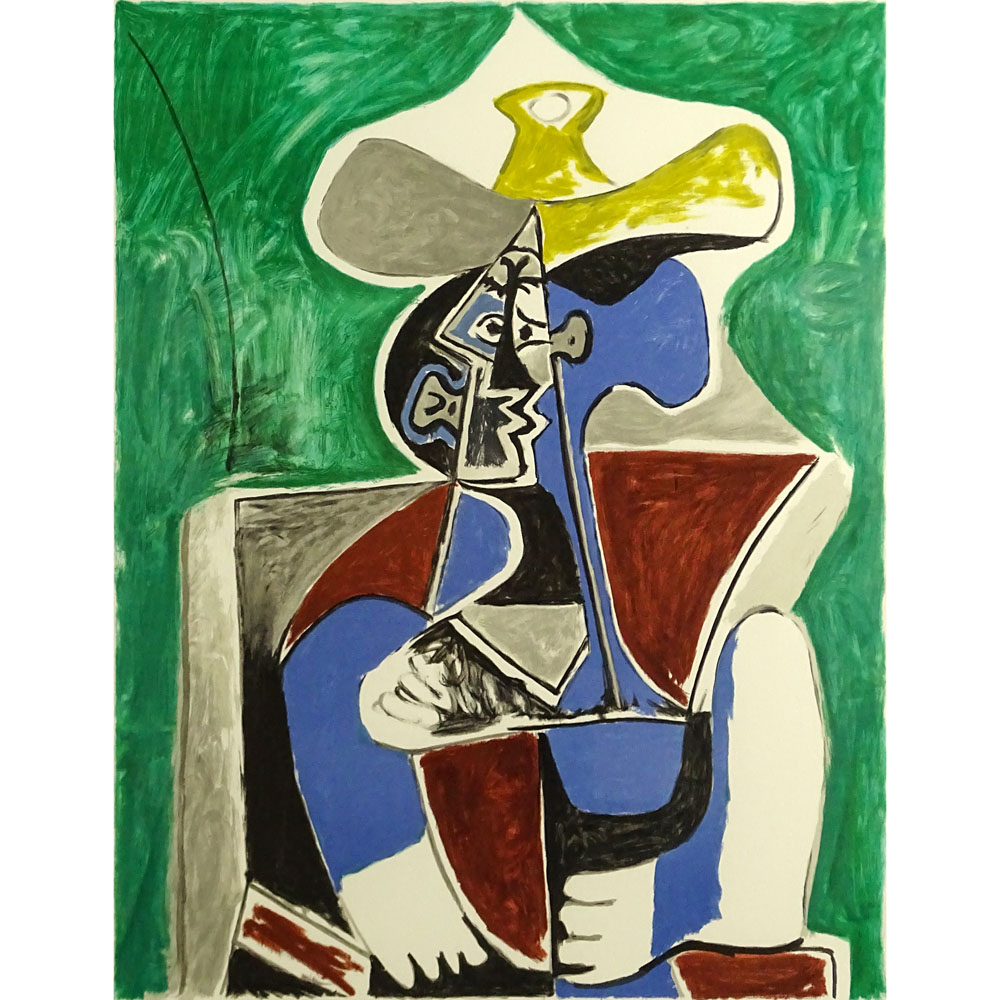 after: Pablo Picasso, Spanish (1881-1973) Marina Picasso Estate Lithograph "Buste Au Chapeau Juane Et Gris Sur Fond Verte" 