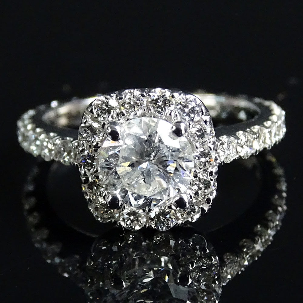 EGL and AIGL Certified 1.77  Carat Total Weight Round Brilliant Cut Diamond and 14 Karat White Gold Engagement Ring.