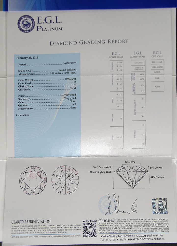 EGL and AIGL Certified 1.77  Carat Total Weight Round Brilliant Cut Diamond and 14 Karat White Gold Engagement Ring.