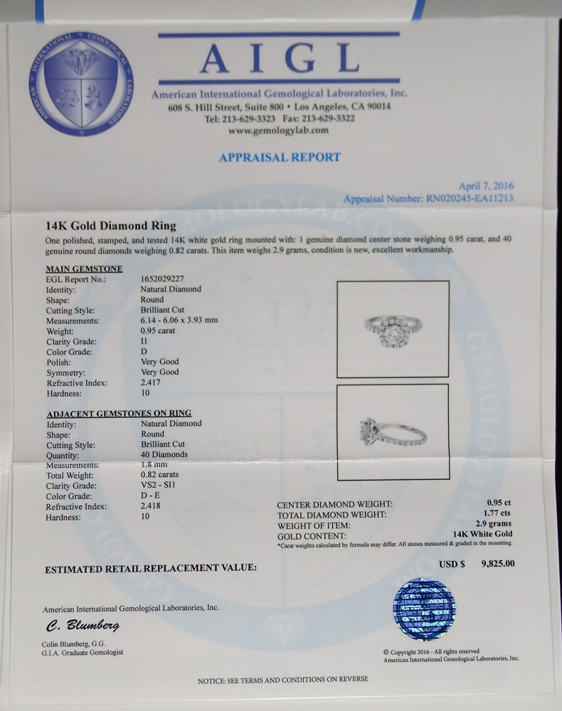 EGL and AIGL Certified 1.77  Carat Total Weight Round Brilliant Cut Diamond and 14 Karat White Gold Engagement Ring.