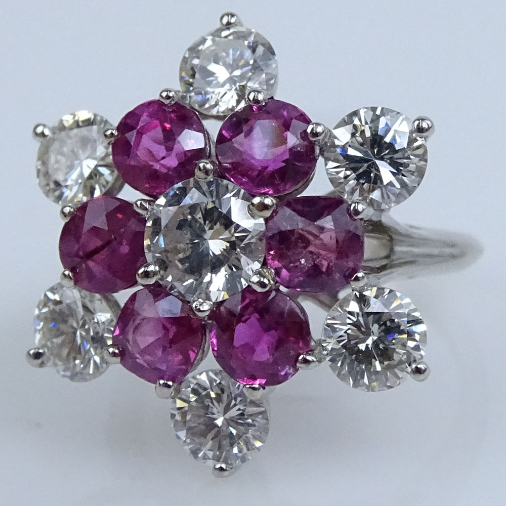 Fine Quality Approx. 2.10 Carat Burmese Ruby, 3.10 Carat Round Brilliant Cut Diamond and 14 Karat White Gold Starburst Ring.