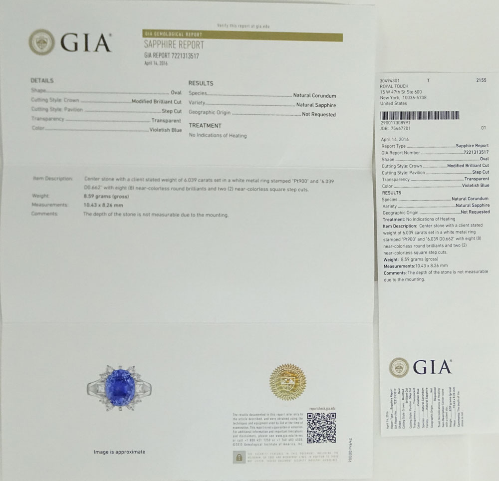 Extremely Rare GIA and AIG Certified 6.04 Carat Oval Cut Natural Unheated Sapphire, .66 Carat Square and Round Brilliant Cut Diamond and Platinum Ring.