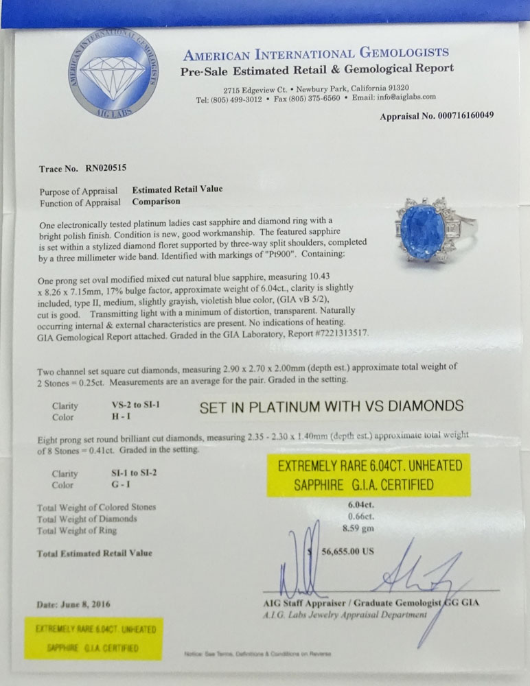 Extremely Rare GIA and AIG Certified 6.04 Carat Oval Cut Natural Unheated Sapphire, .66 Carat Square and Round Brilliant Cut Diamond and Platinum Ring.