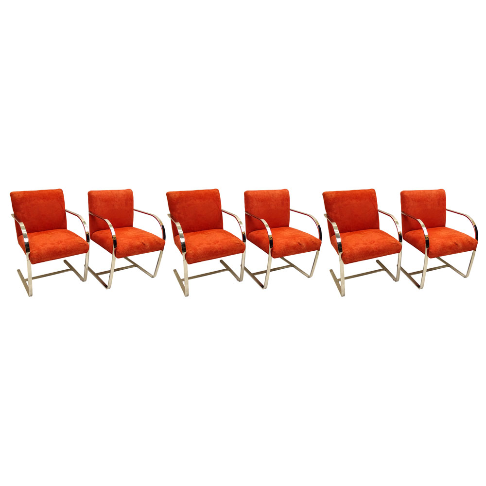 Set of Six (6) Vintage after:  Ludwig Mies van der Rohe Brno style Chrome and Upholstered Arm Chairs.