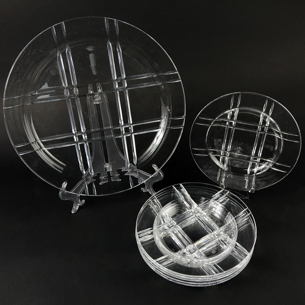 Seven (7) Piece Tiffany & Co Crystal Salad/Dessert Service Including Serving Plate and Six (6) Salad/Dessert Plates in the Tartan Plaid Pattern.