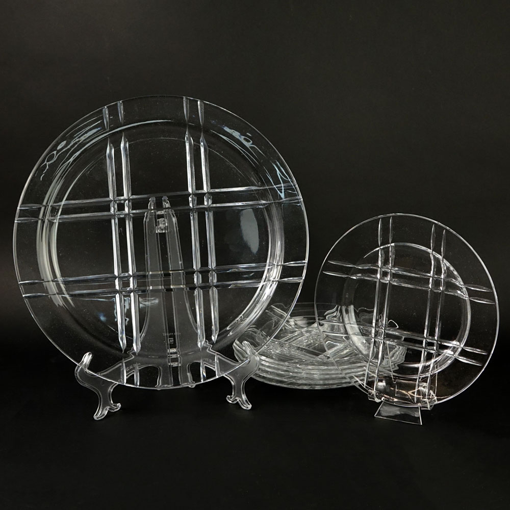 Seven (7) Piece Tiffany & Co Crystal Salad/Dessert Service Including Serving Plate and Six (6) Salad/Dessert Plates in the Tartan Plaid Pattern.