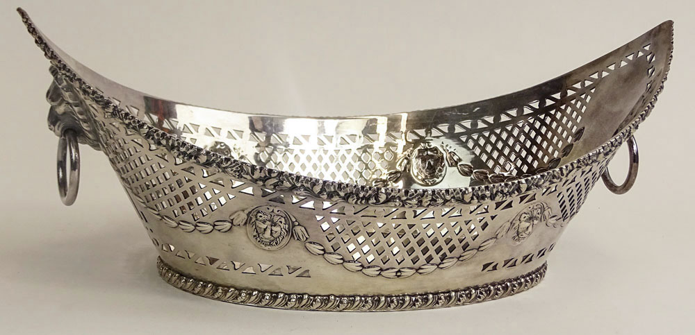 English Ellis-Barker Silver Co. Silverplate Reticulated Basket with Lion Mask Ring Handles.