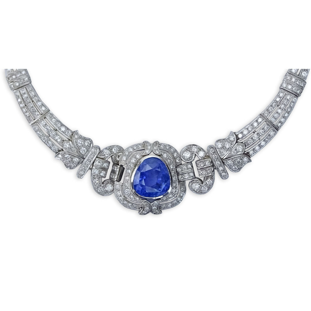 13.0 Carat Antique Modified Brilliant Cut Natural Unheated Ceylon Sapphire, 10.0 Carat Round Brilliant Cut Diamond and Platinum Necklace