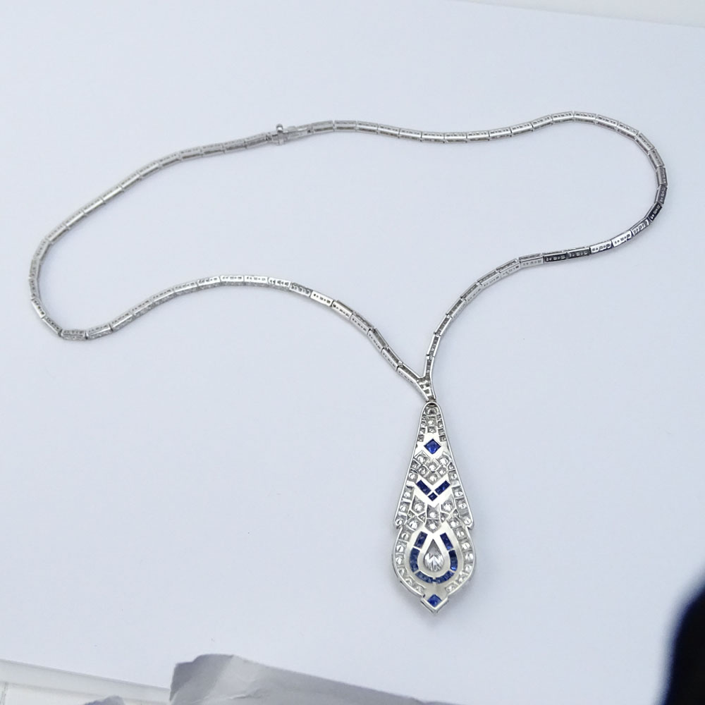 Art Deco Design Approx. 11.10 Carat Diamond, Sapphire and Platinum Pendant Necklace