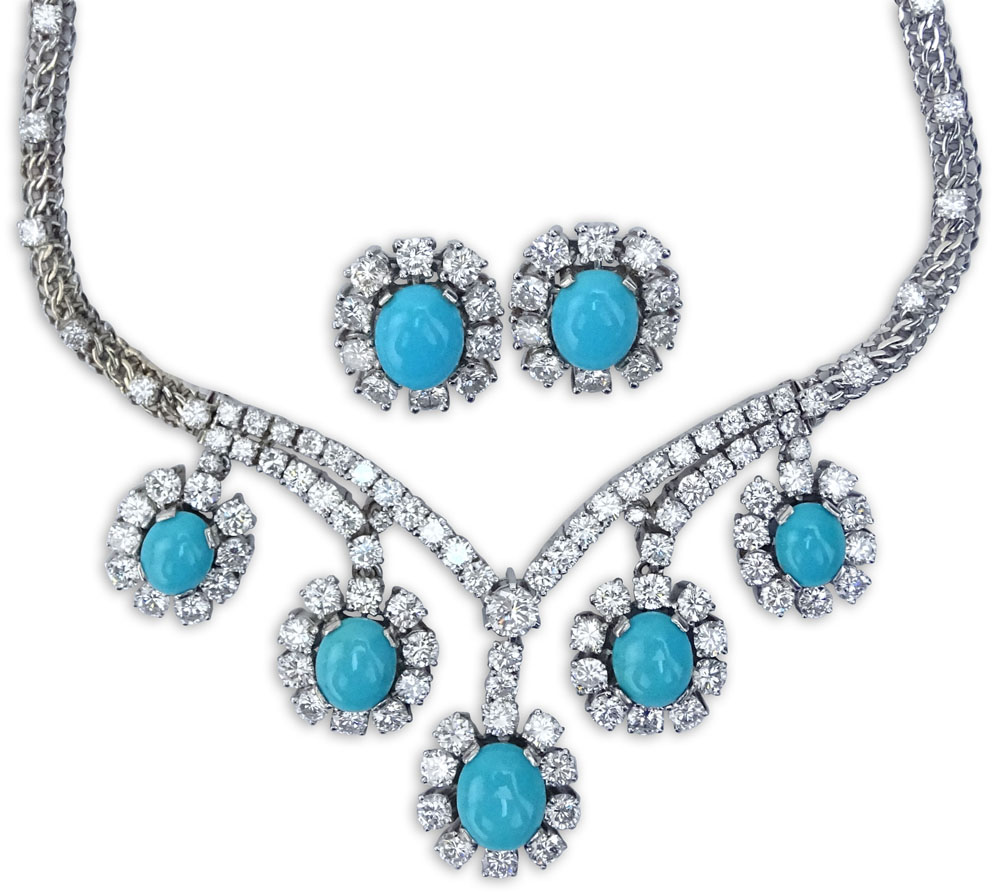 Very Fine Quality Approx. 22.50 Carat Round Brilliant Cut Diamond, Persian Turquoise and 18 Karat White Gold Necklace and Earring Suite