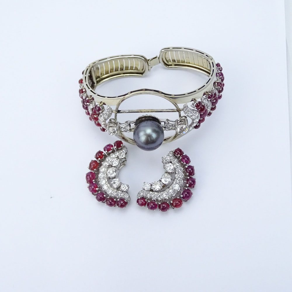 10.0 Carat Old European Round Cut Diamond, Round Brilliant Cut Diamond, Cabochon Ruby, South Sea Pearl and Platinum Cuff Bangle Bracelet