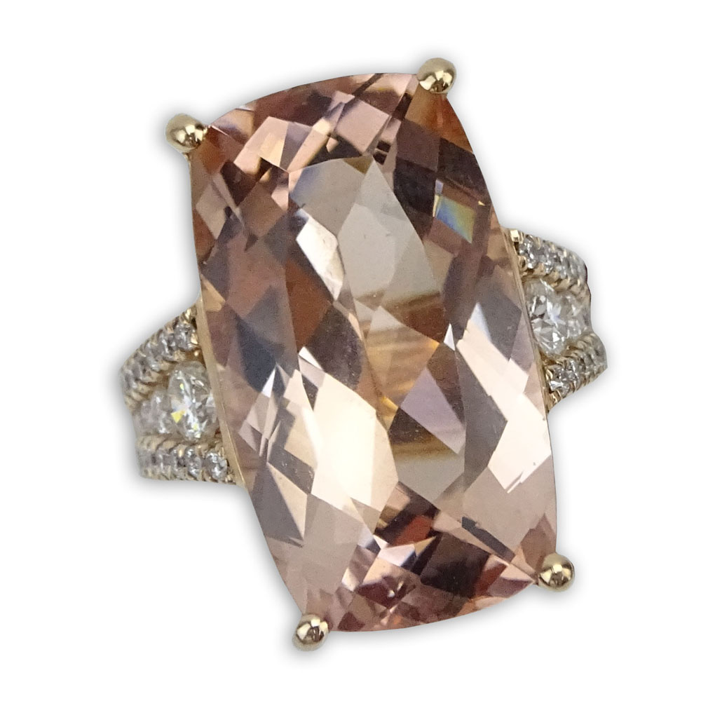 20.69 Carat Cushion Cut Morganite, .52 Carat Round Cut Diamond and 14 Karat Rose Gold Ring