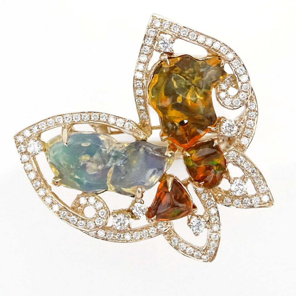 Approx. 7.61 Carat Fire Opal, .84 Carat Round Cut Diamond and 18 Karat Rose Gold Butterfly Ring