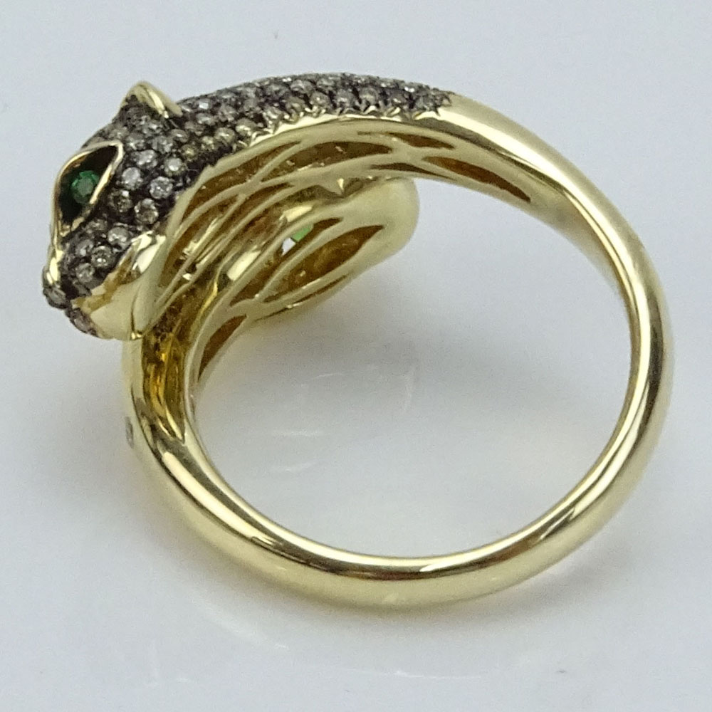 14 Karat Yellow Gold Snake Ring accented with small Round Cut Diamonds and Emeralds