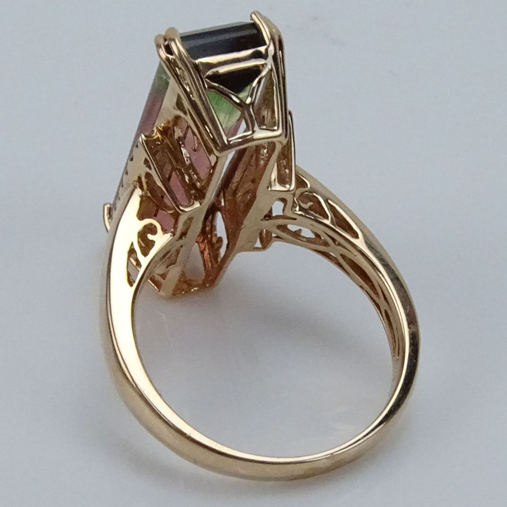 9.64 Carat Emerald Cut Bi Color Tourmaline and 14 Karat Rose Gold Ring