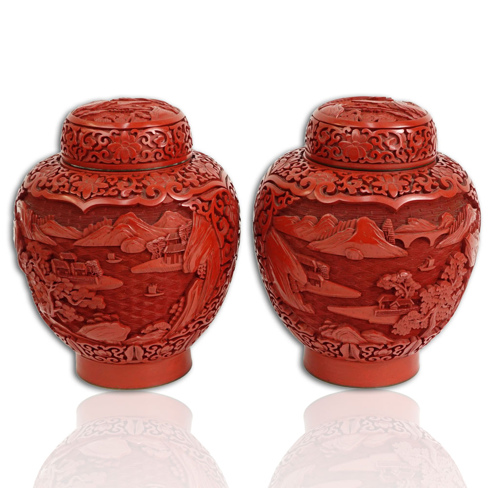 Pair Chinese Nicely Carved Cinnabar and Enameled Ginger Jars.