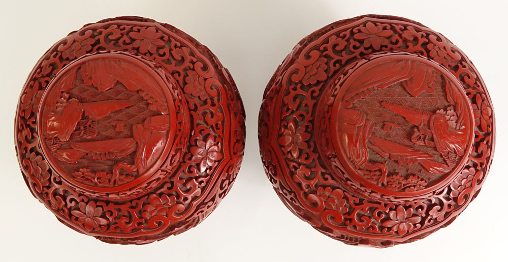 Pair Chinese Nicely Carved Cinnabar and Enameled Ginger Jars.