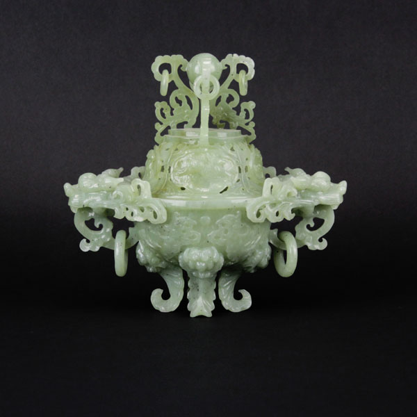 Antique Chinese High Relief Carved Green Jade Censer.