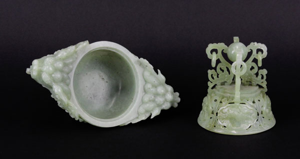 Antique Chinese High Relief Carved Green Jade Censer.