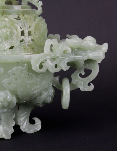 Antique Chinese High Relief Carved Green Jade Censer.