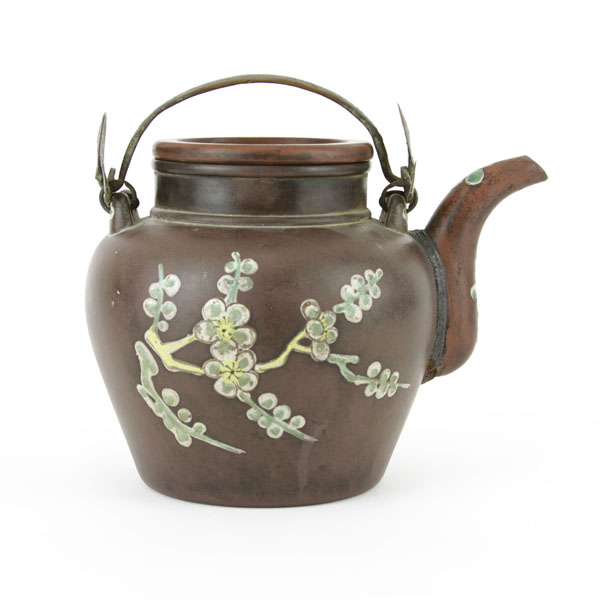 Vintage Chinese Enameled Earthenware Teapot. Decorated with bird and flower motif